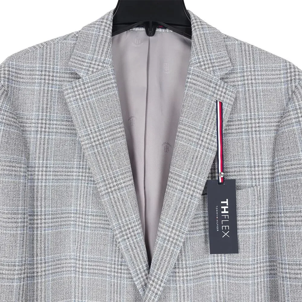 Tommy Hilfiger Mens Modern Fit Sport Coat 46L Light Grey Blue Plaid Stretch NWT